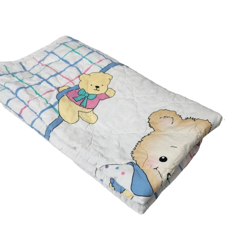 Vintage Teddy Bear Nursery Baby Quilt Reversible Footprint Grid Pastel 38x32